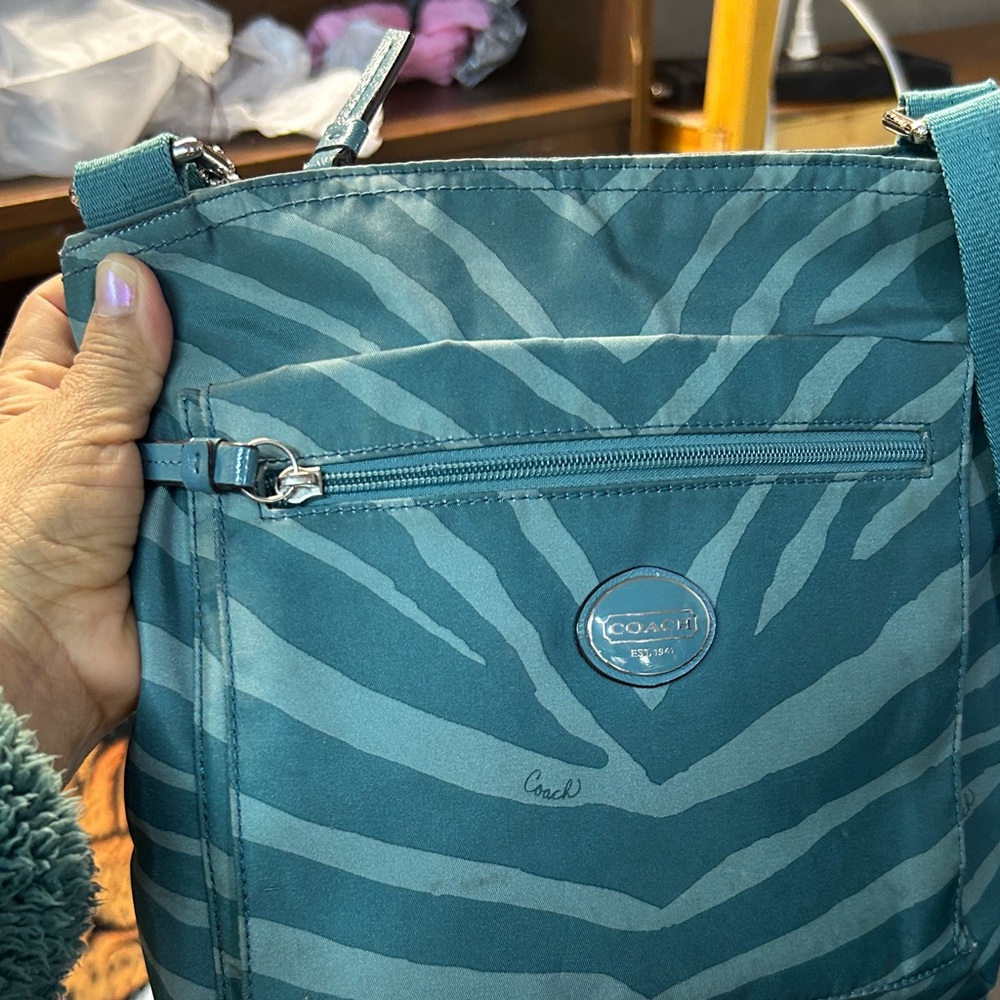 Coach Teal Zebra-Print Crossbody Bag with Front Zip Pocket